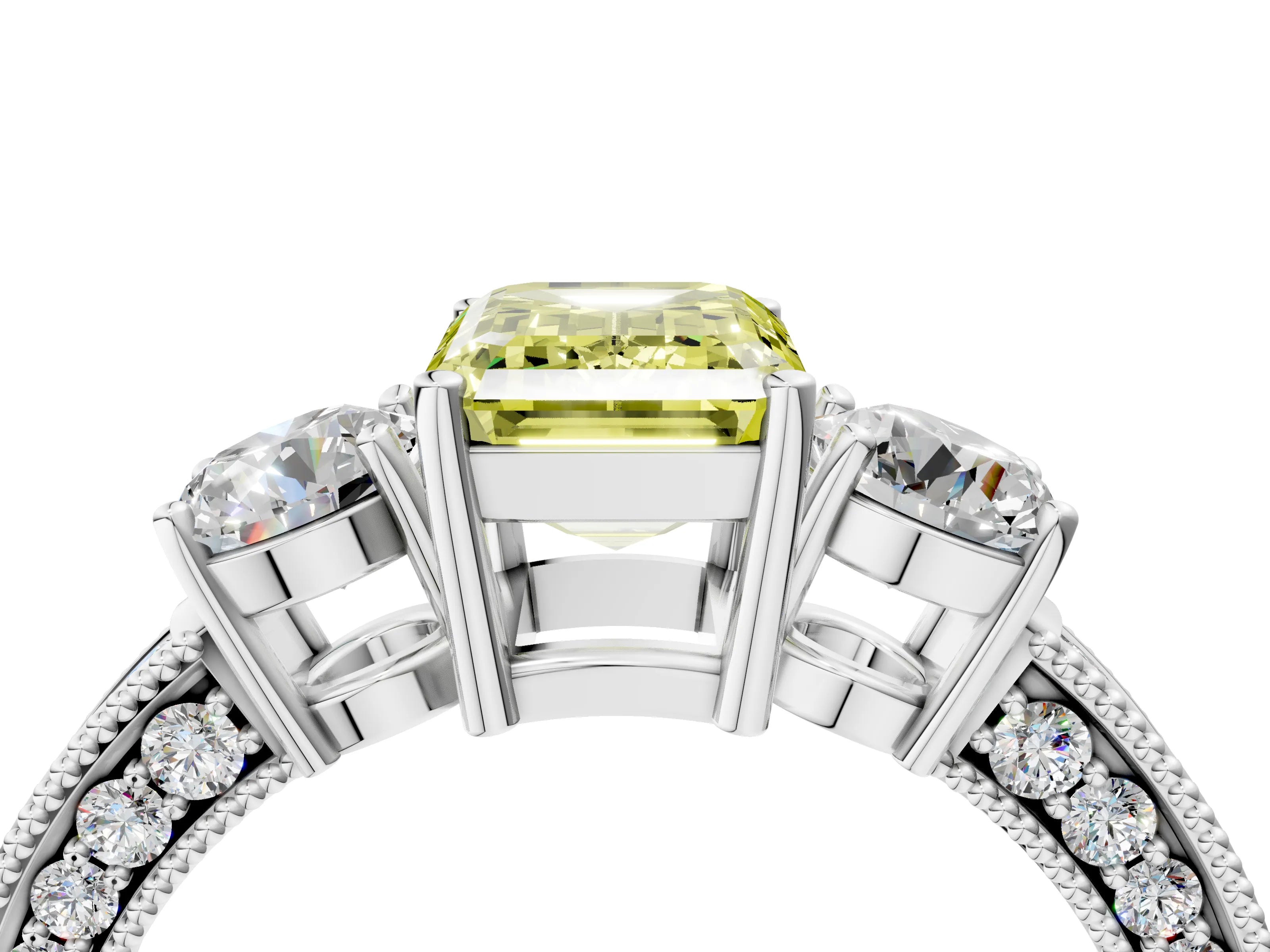 White gold Fancy Yellow Emerald Cut Three-Stone Diamond Ring with Pavé Band and Four-Prong Setting_16