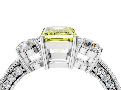 White gold Fancy Yellow Emerald Cut Three-Stone Diamond Ring with Pavé Band and Four-Prong Setting_16