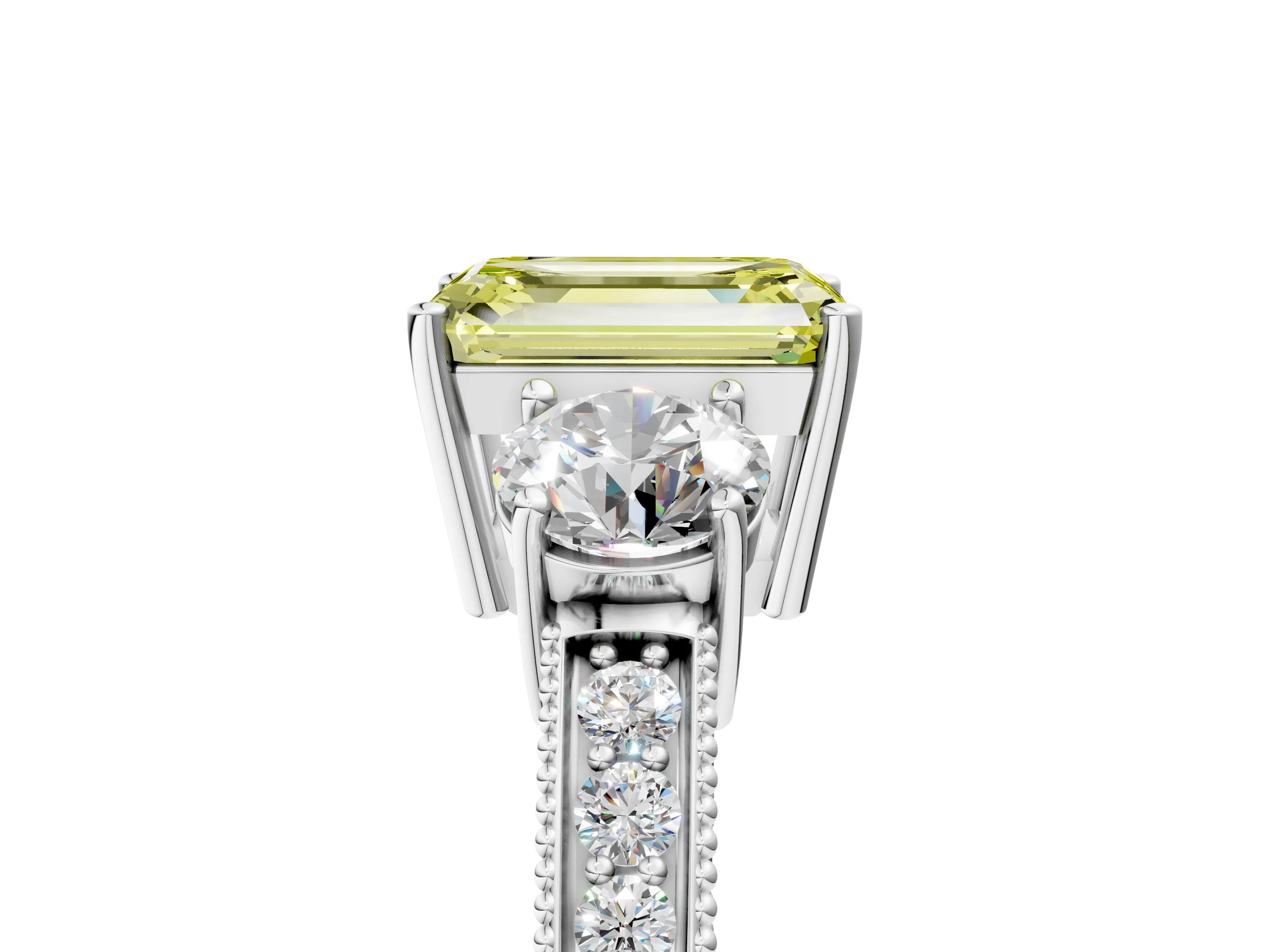 White gold Fancy Yellow Emerald Cut Three-Stone Diamond Ring with Pavé Band and Four-Prong Setting_17