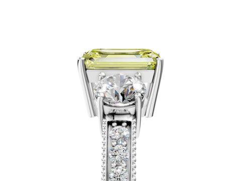 White gold Fancy Yellow Emerald Cut Three-Stone Diamond Ring with Pavé Band and Four-Prong Setting_17