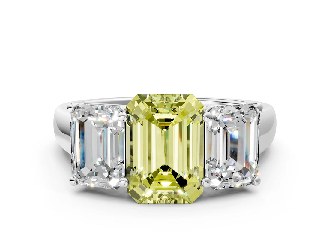 White gold Fancy Yellow Emerald Cut Three-Stone Diamond Ring with Prong Setting on a Classic Band_18