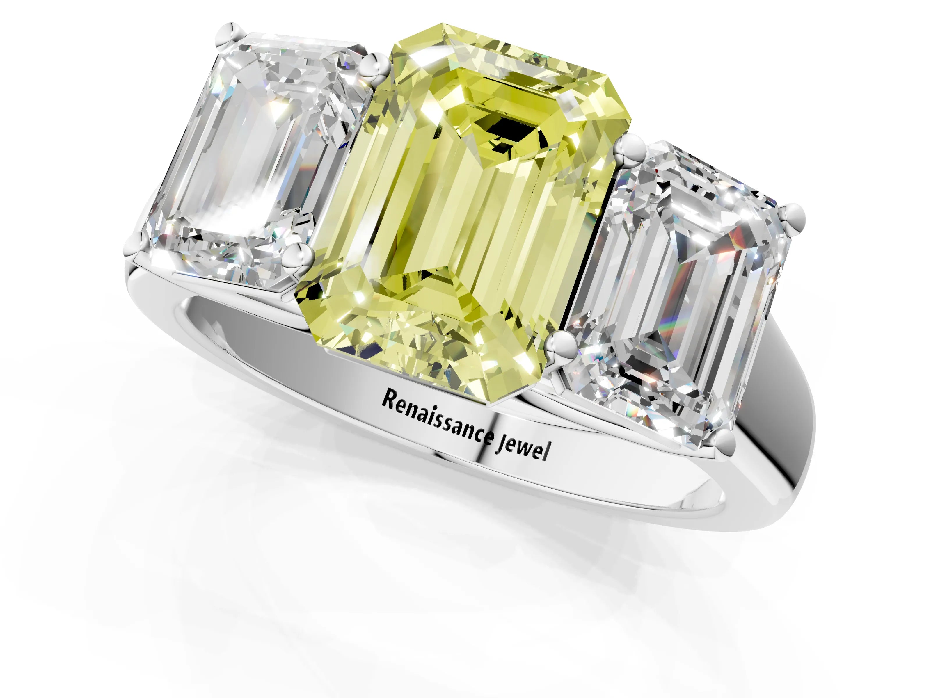 White gold Fancy Yellow Emerald Cut Three-Stone Diamond Ring with Prong Setting on a Classic Band_1