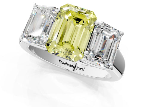 White gold Fancy Yellow Emerald Cut Three-Stone Diamond Ring with Prong Setting on a Classic Band_1