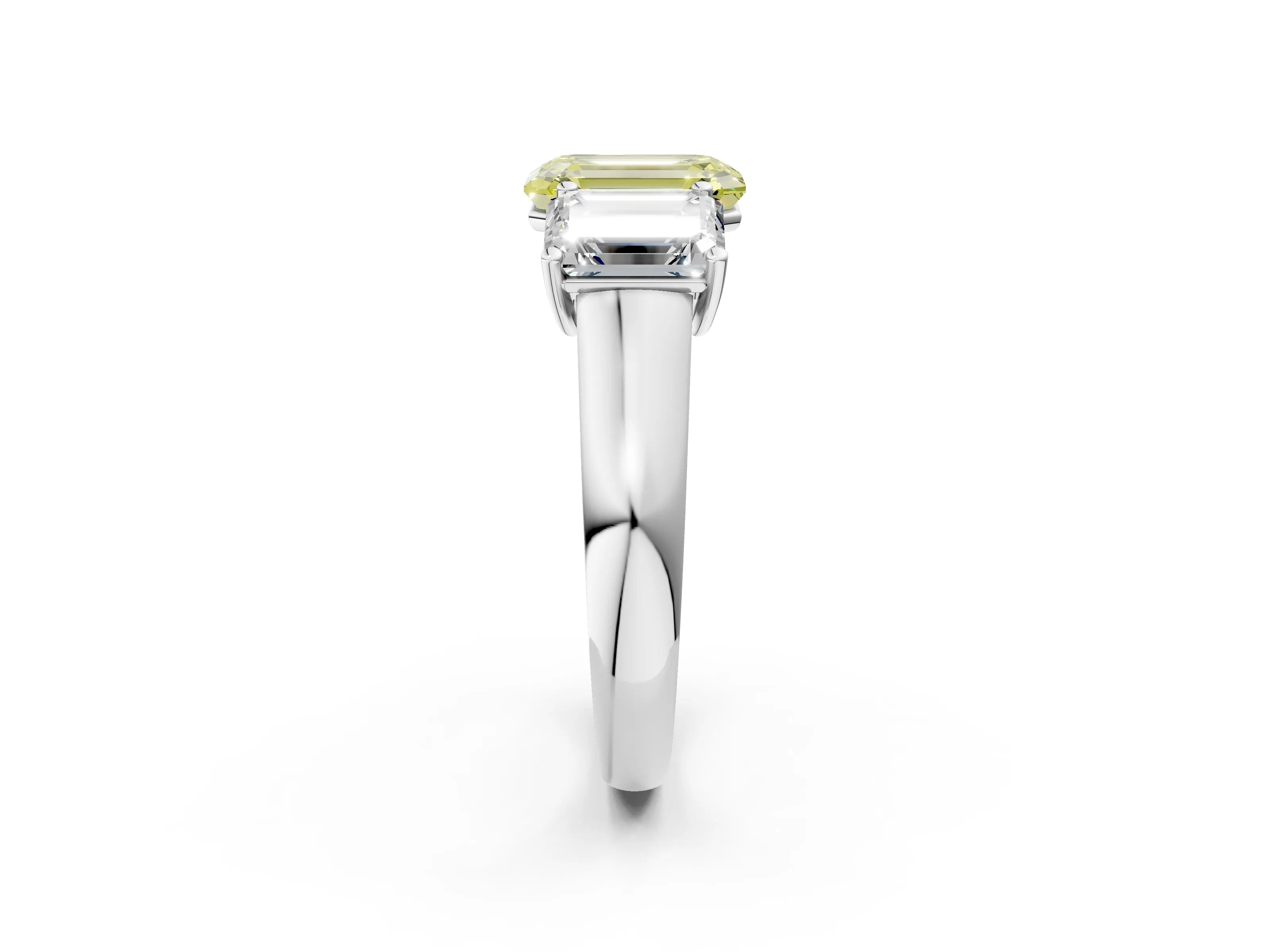 White gold Fancy Yellow Emerald Cut Three-Stone Diamond Ring with Prong Setting on a Classic Band_2