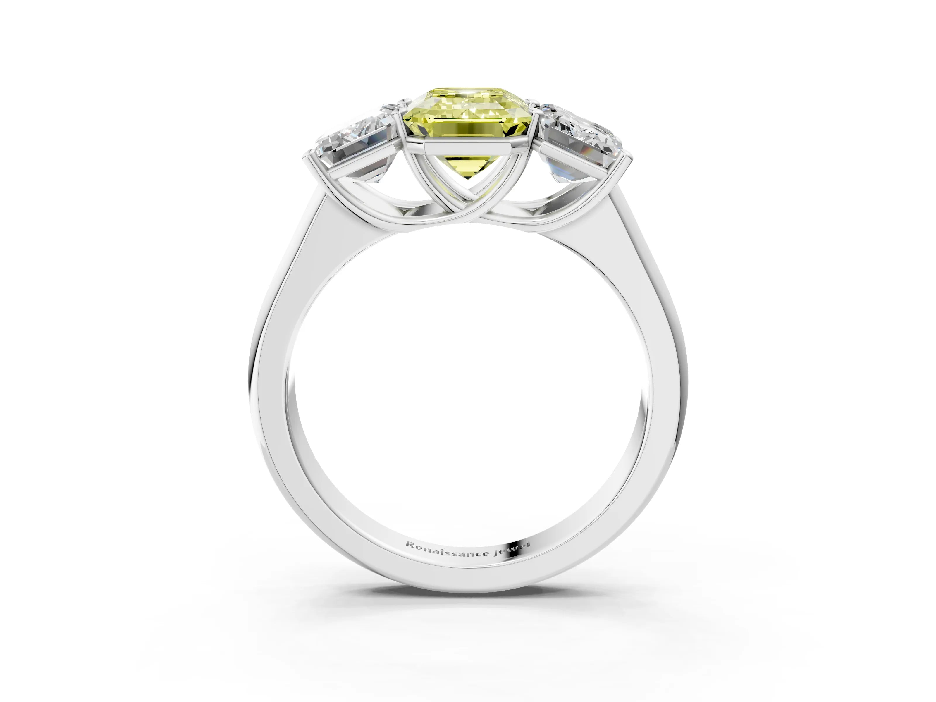 White gold Fancy Yellow Emerald Cut Three-Stone Diamond Ring with Prong Setting on a Classic Band_3