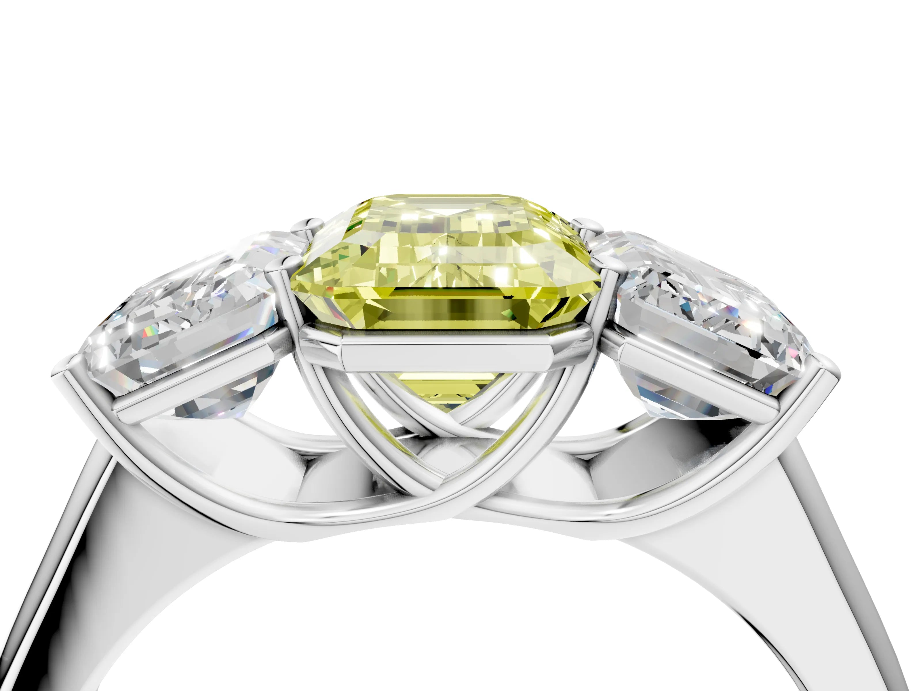 White gold Fancy Yellow Emerald Cut Three-Stone Diamond Ring with Prong Setting on a Classic Band_4
