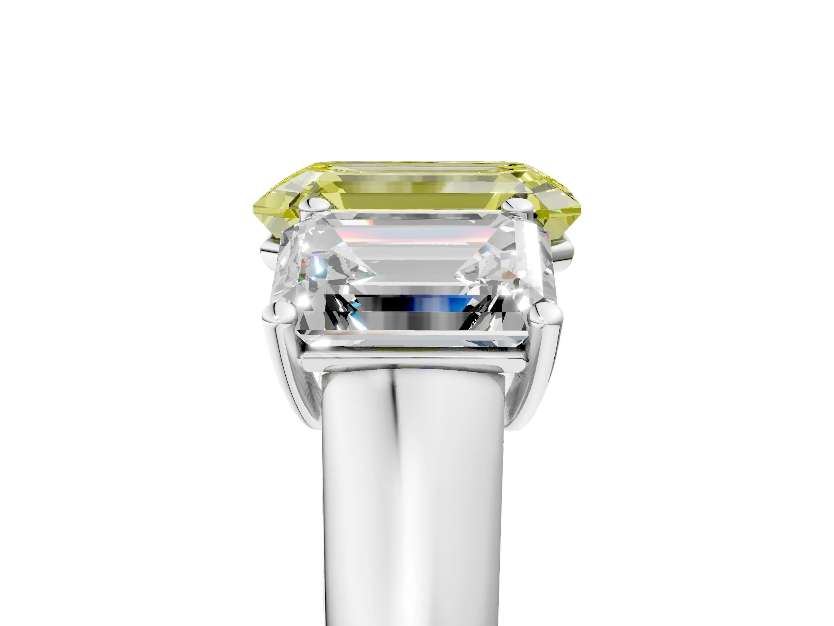 White gold Fancy Yellow Emerald Cut Three-Stone Diamond Ring with Prong Setting on a Classic Band_5