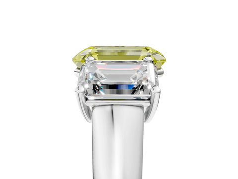 White gold Fancy Yellow Emerald Cut Three-Stone Diamond Ring with Prong Setting on a Classic Band_5