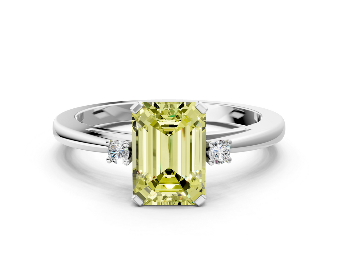 White gold Fancy Yellow Emerald  Cut Three-Stone Solitaire Ring with Round Accent Diamonds and Four-Prong Setting_20