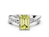 White gold Fancy Yellow Emerald  Cut Twist Band Solitaire Diamond Ring with Pavé Setting_3