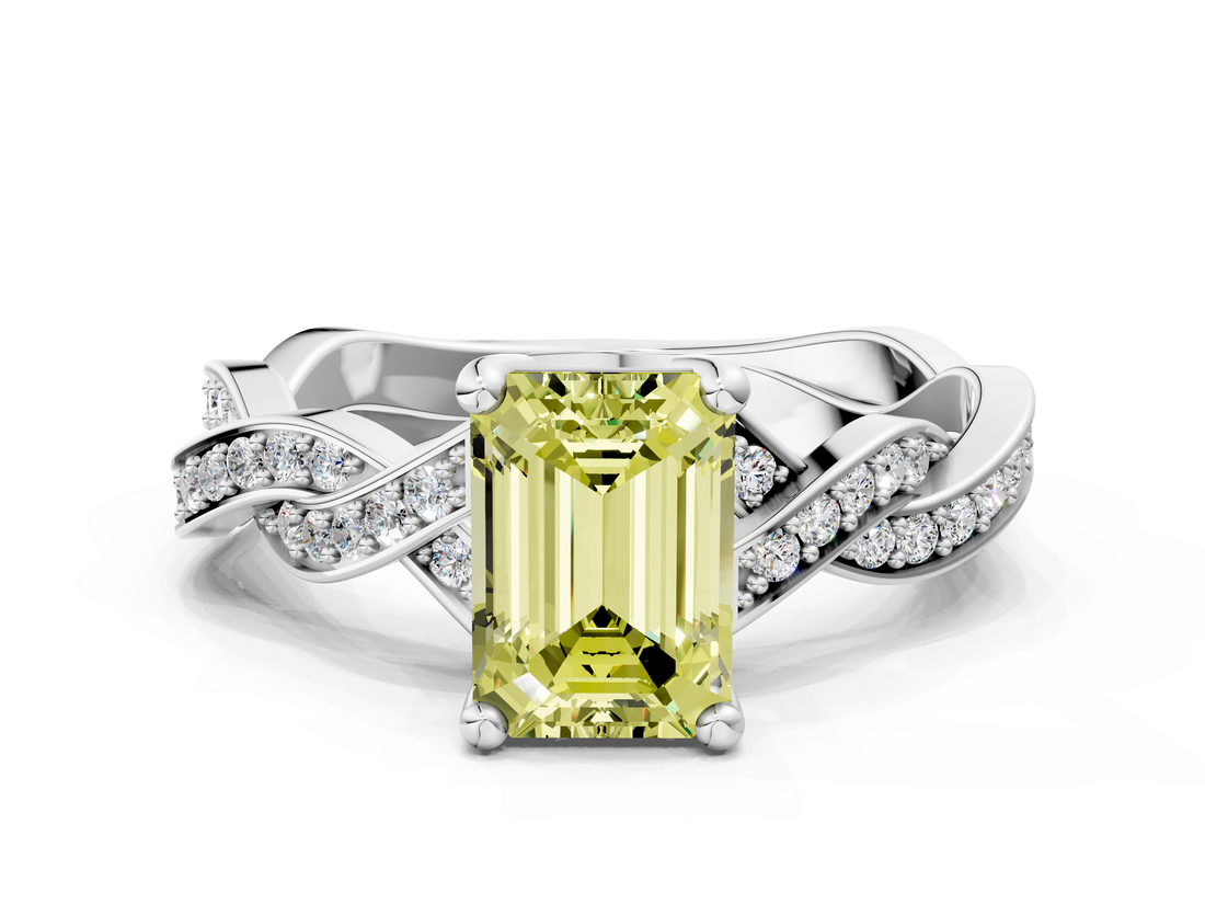 White gold Fancy Yellow Emerald  Cut Twisted Pavé Band Solitaire Ring with Four-Prong Setting_55