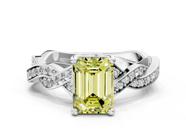 Platinum Fancy Yellow Emerald  Cut Twisted Pavé Band Solitaire Ring with Four-Prong Setting
