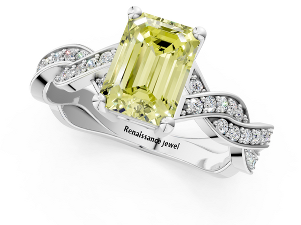 Platinum Fancy Yellow Emerald  Cut Twisted Pavé Band Solitaire Ring with Four-Prong Setting