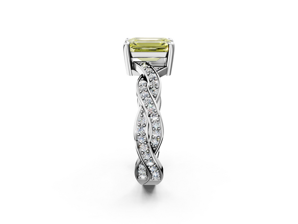 Platinum Fancy Yellow Emerald  Cut Twisted Pavé Band Solitaire Ring with Four-Prong Setting