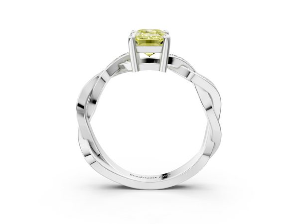Platinum Fancy Yellow Emerald  Cut Twisted Pavé Band Solitaire Ring with Four-Prong Setting