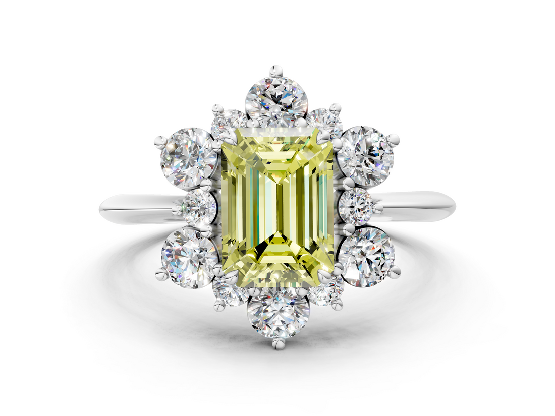White gold Fancy Yellow Emerald  Diamond Cluster Halo Ring with Solitaire Band and Four-Prong Setting_20