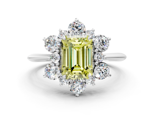 White gold Fancy Yellow Emerald  Diamond Cluster Halo Ring with Solitaire Band and Four-Prong Setting