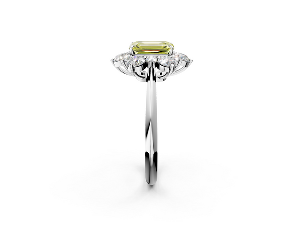 White gold Fancy Yellow Emerald  Diamond Cluster Halo Ring with Solitaire Band and Four-Prong Setting