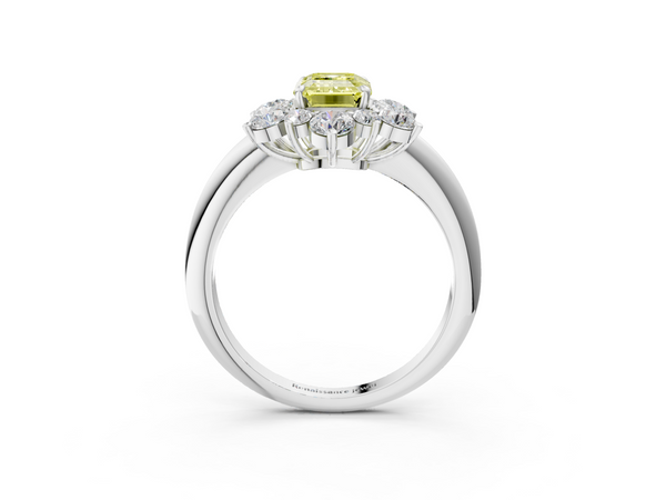 White gold Fancy Yellow Emerald  Diamond Cluster Halo Ring with Solitaire Band and Four-Prong Setting