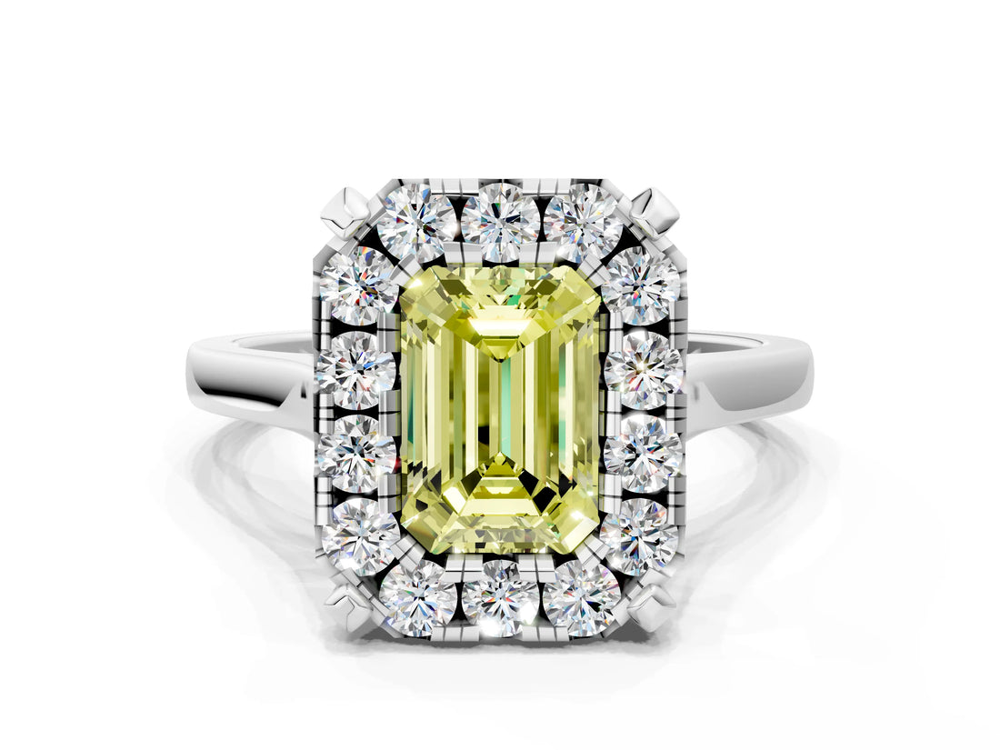 White gold Fancy Yellow Emerald  Diamond Cluster Halo Solitaire with Four-Prong Setting_106