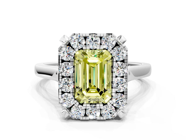 White gold Fancy Yellow Emerald  Diamond Cluster Halo Solitaire with Four-Prong Setting