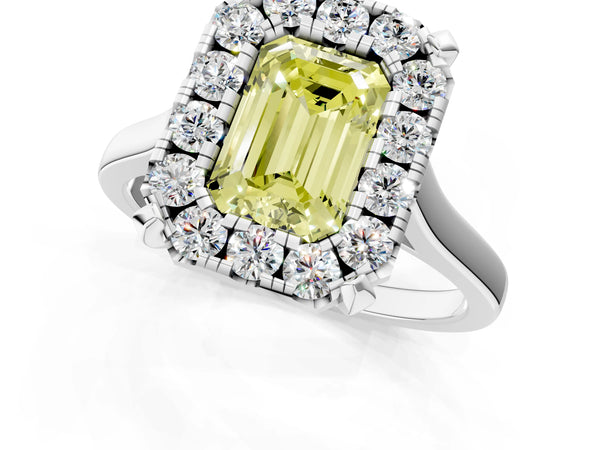 White gold Fancy Yellow Emerald  Diamond Cluster Halo Solitaire with Four-Prong Setting