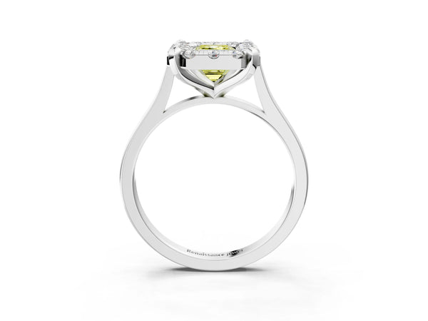 White gold Fancy Yellow Emerald  Diamond Cluster Halo Solitaire with Four-Prong Setting