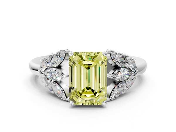 White gold Fancy Yellow Emerald  Diamond Cluster Leaf Design Ring with Prong Setting