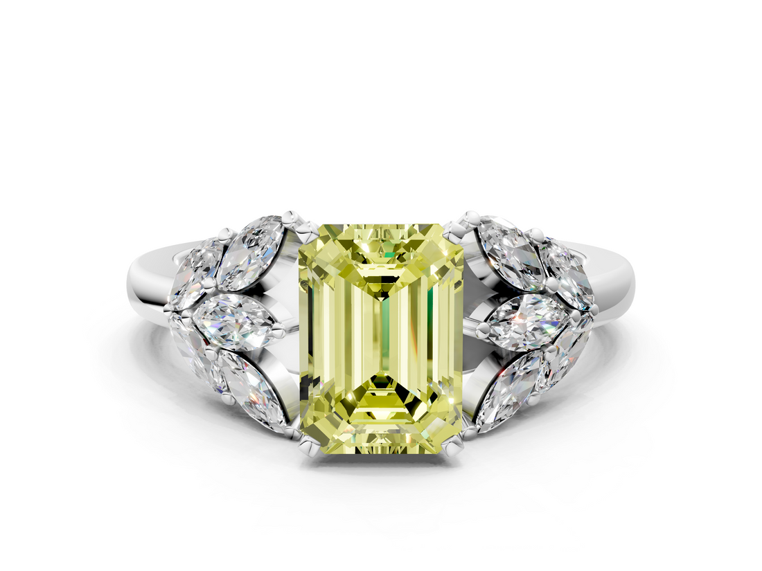 White gold Fancy Yellow Emerald  Diamond Cluster Leaf Design Ring with Prong Setting_68