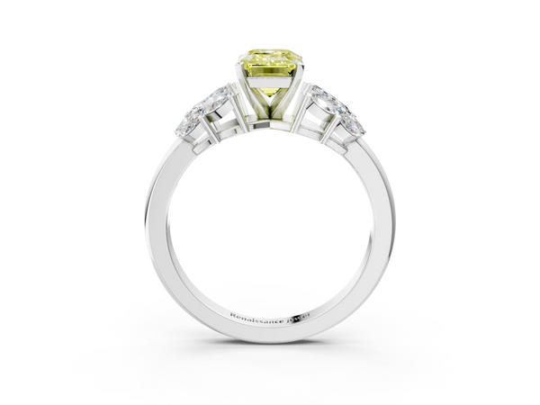 White gold Fancy Yellow Emerald  Diamond Cluster Leaf Design Ring with Prong Setting