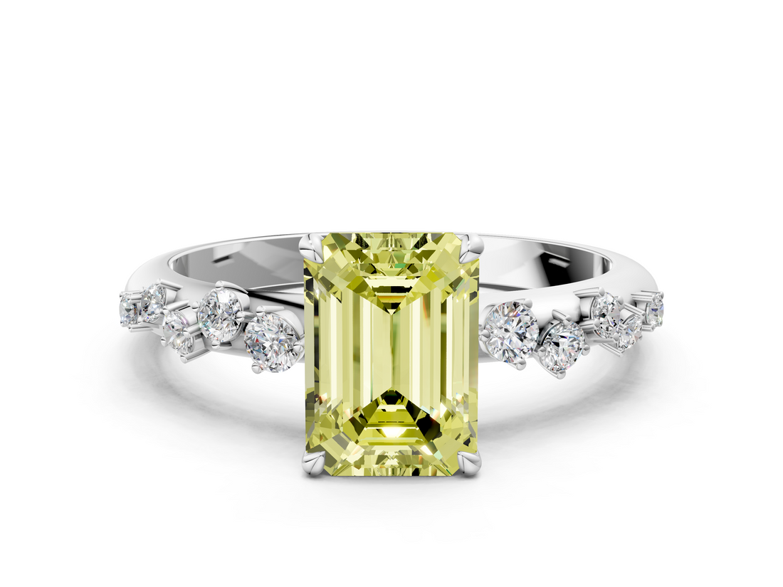 White gold Fancy Yellow Emerald  Diamond Cluster Prong-Set Solitaire Ring_60