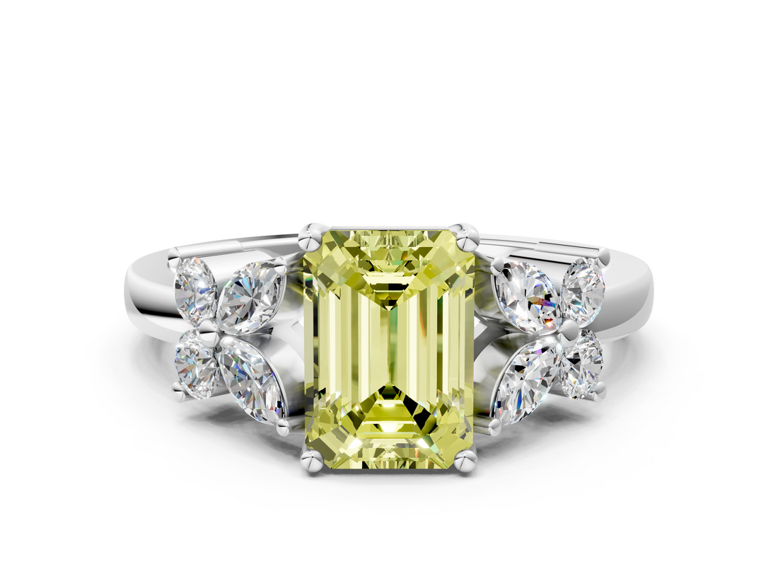 White gold Fancy Yellow Emerald  Diamond Floral Cluster Ring with Solitaire Band and Prong Setting_77
