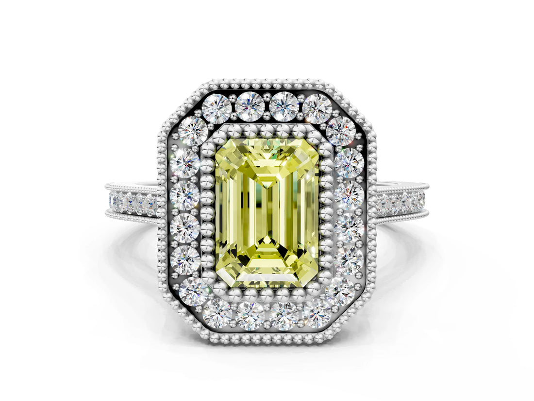 White gold Fancy Yellow Emerald  Diamond Halo Ring with Milgrain Frame and Pavé Band_71