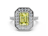White gold Fancy Yellow Emerald  Diamond Halo Ring with Milgrain Frame and Pavé Band_71