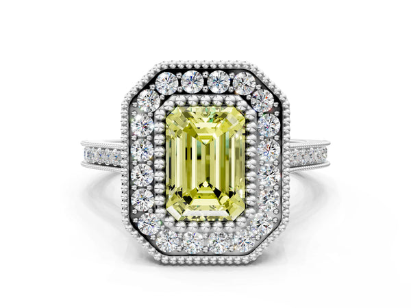 Platinum Fancy Yellow Emerald  Diamond Halo Ring with Milgrain Frame and Pavé Band