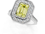 White gold Fancy Yellow Emerald  Diamond Halo Ring with Milgrain Frame and Pavé Band_72