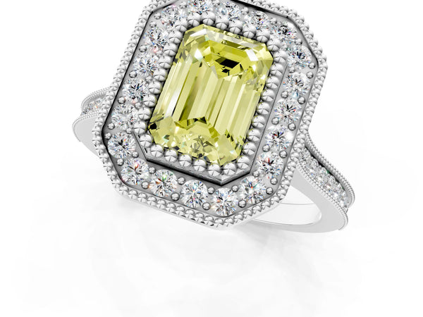 Platinum Fancy Yellow Emerald  Diamond Halo Ring with Milgrain Frame and Pavé Band