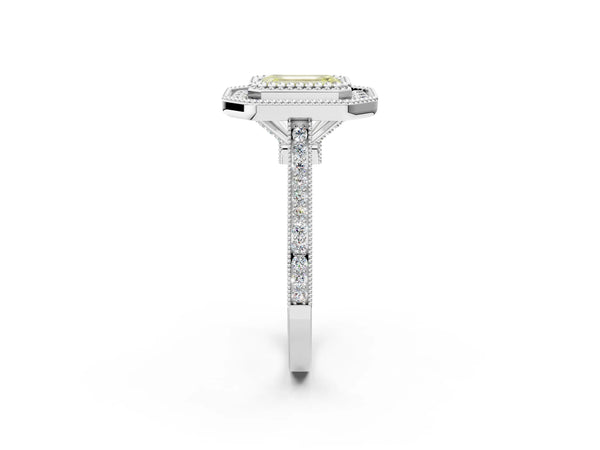 Platinum Fancy Yellow Emerald  Diamond Halo Ring with Milgrain Frame and Pavé Band
