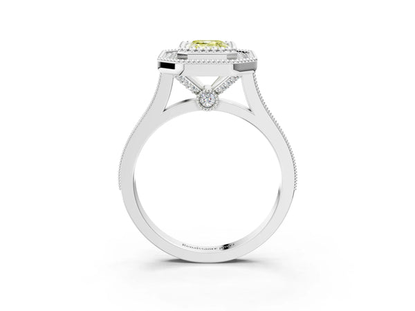 Platinum Fancy Yellow Emerald  Diamond Halo Ring with Milgrain Frame and Pavé Band
