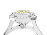 White gold Fancy Yellow Emerald  Diamond Halo Ring with Milgrain Frame and Pavé Band_75