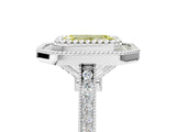 White gold Fancy Yellow Emerald  Diamond Halo Ring with Milgrain Frame and Pavé Band_77