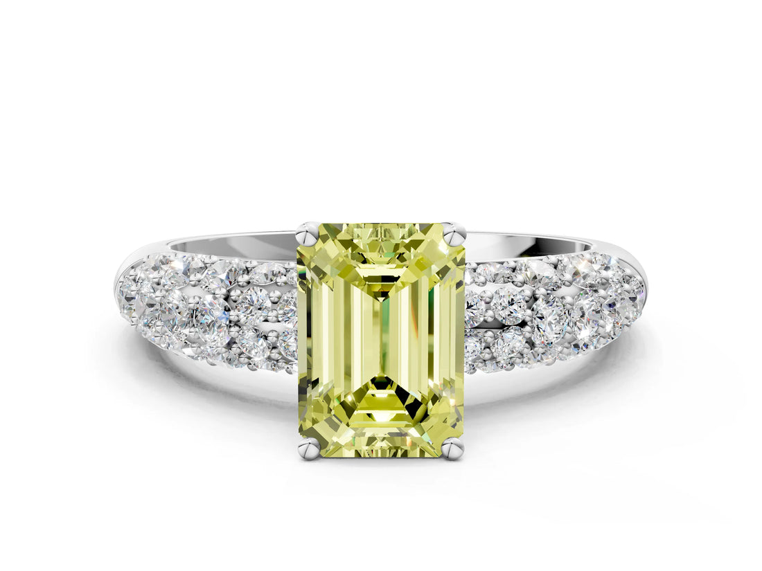 White gold Fancy Yellow Emerald  Diamond Pavé Band Solitaire Ring with Four-Prong Setting_68