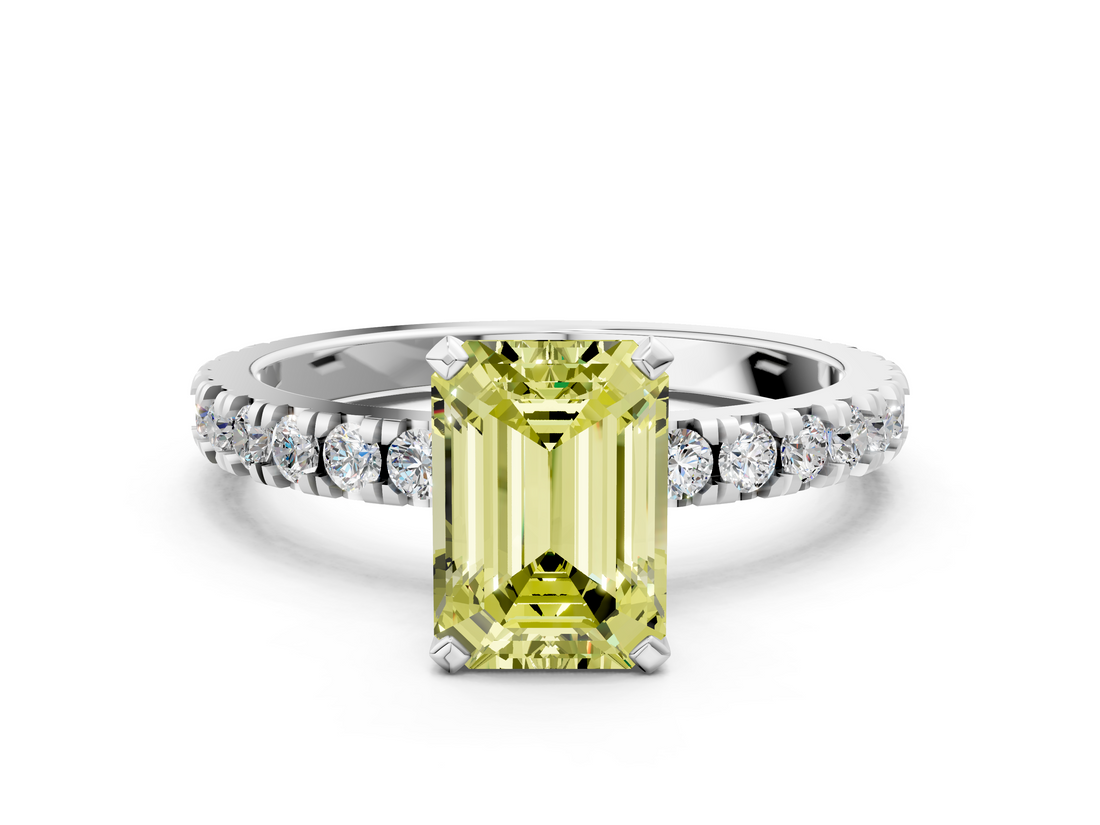 White gold Fancy Yellow Emerald  Diamond Pavé Band Solitaire with Four-Prong Setting_195