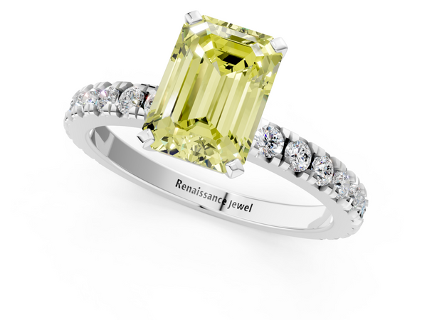 Platinum Fancy Yellow Emerald  Diamond Pavé Band Solitaire with Four-Prong Setting