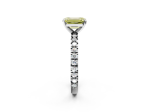 Platinum Fancy Yellow Emerald  Diamond Pavé Band Solitaire with Four-Prong Setting