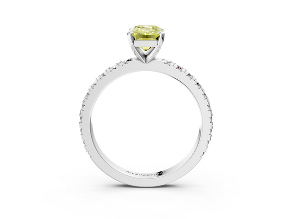 Platinum Fancy Yellow Emerald  Diamond Pavé Band Solitaire with Four-Prong Setting