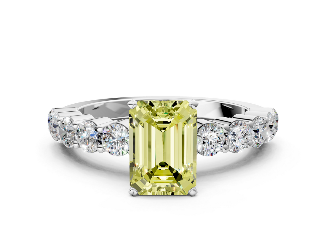 White gold Fancy Yellow Emerald  Diamond Pavé Band Solitaire with Four-Prong Setting_3