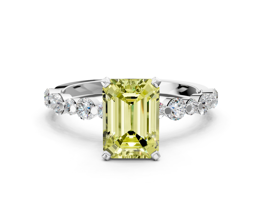 White gold Fancy Yellow Emerald  Diamond Prong Set Engagement Ring with Pave Band_233