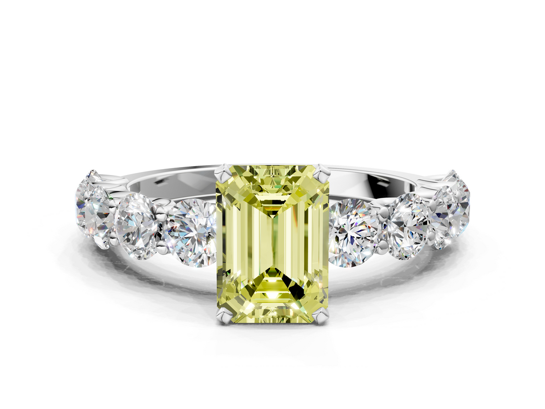 White gold Fancy Yellow Emerald  Diamond Prong Setting with Side Stones on a Pave Band_135