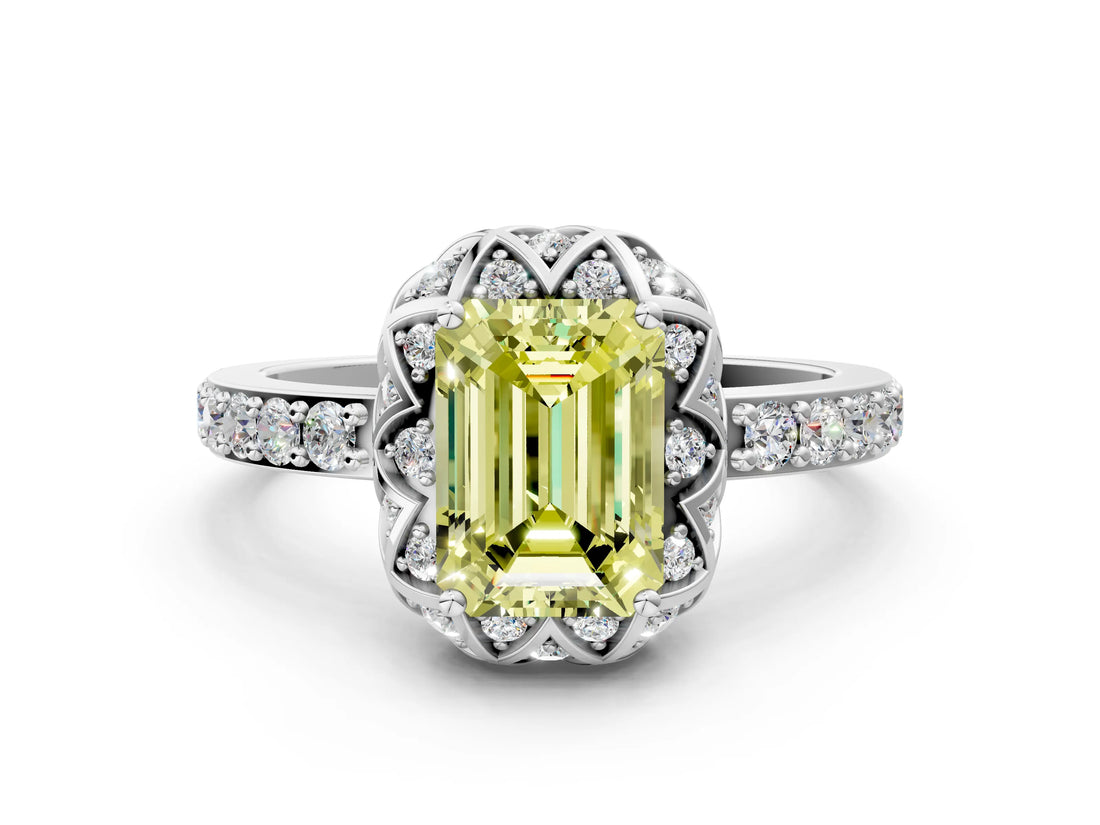 White gold Fancy Yellow Emerald  Diamond Solitaire Ring with Shared Prong Pavé Band_12